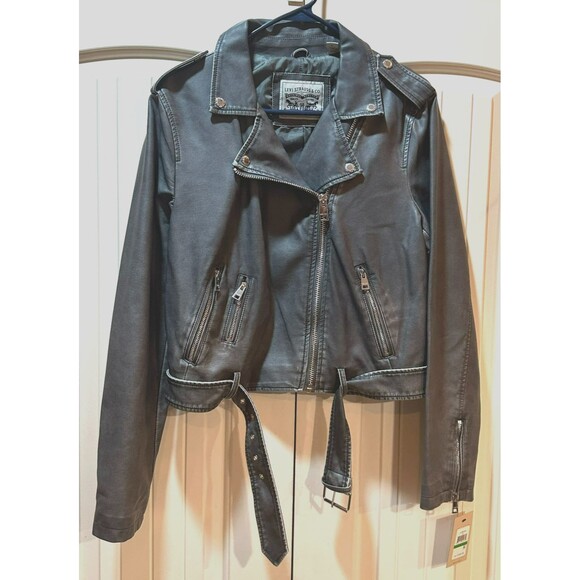 Levi's Gray Faux Leather Belted Moto Jacket Women's Size L  NWT - Picture 1 of 8